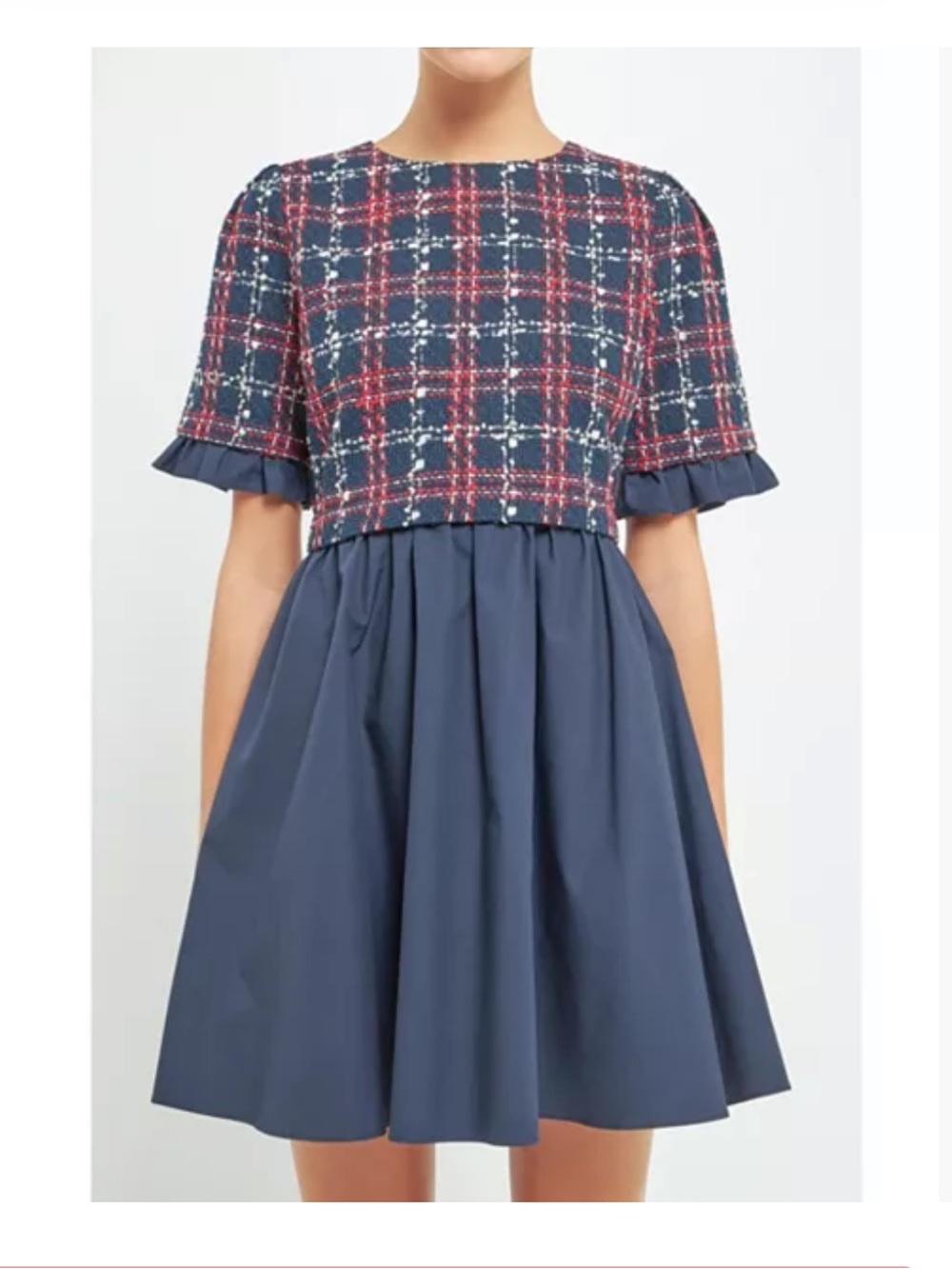 NWT English Factory sz M tweed plaid navy blue poplin mixed media dress preppy